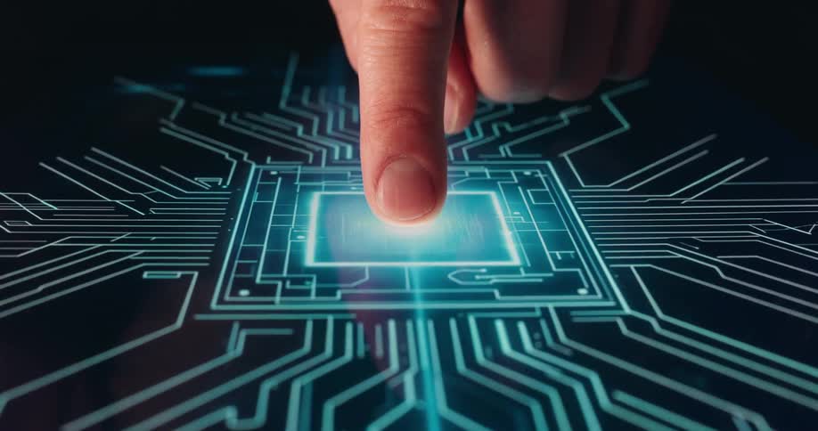 Finger touching the center of a digital interface with blue electronic circuits