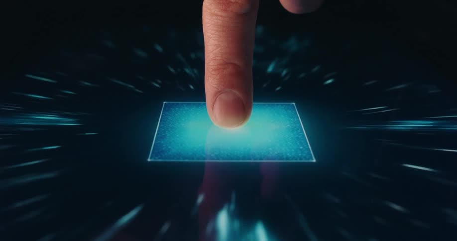 Finger pressing a bright rectangular area on a digital screen