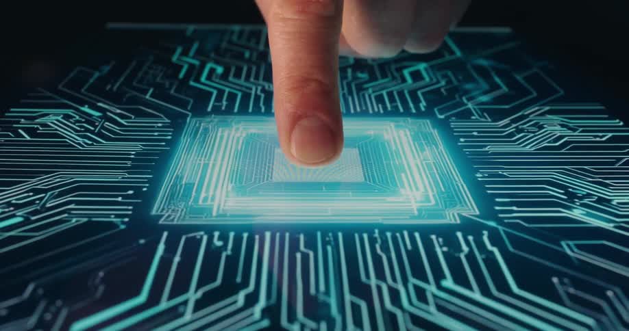 Finger touching the center of a digital interface and activating electronic circuits