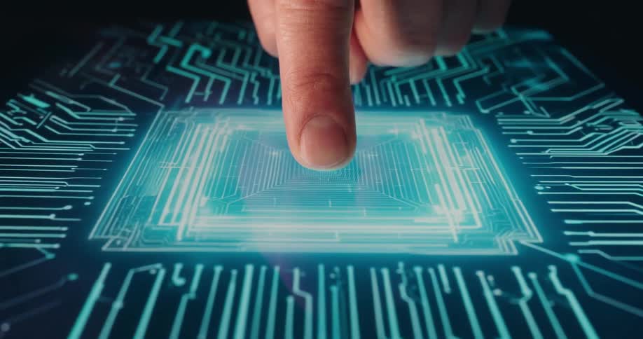 Finger pressing the center of a digital interface with neon blue circuitry