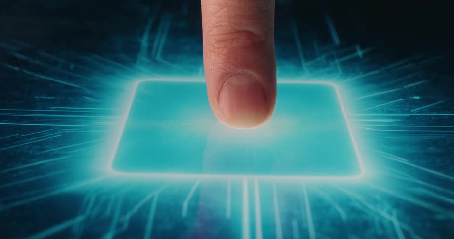 Finger touches a blue rectangle that radiates glowing lines