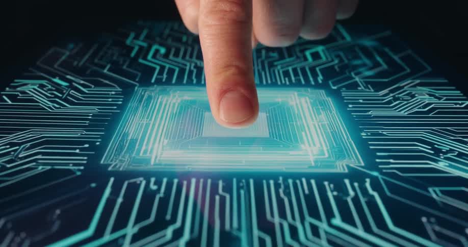 Finger touching a digital surface and activating bluelit circuits