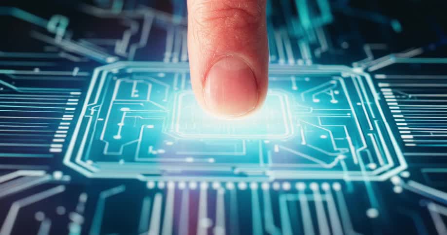 Finger pressing the center of a digital interface with circuitry