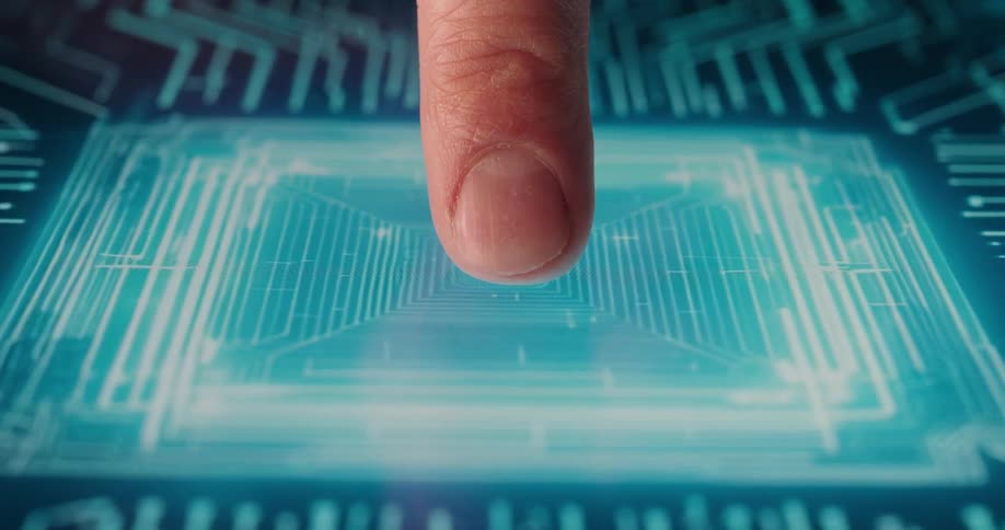 Finger pressing directly on the center of a digital interface
