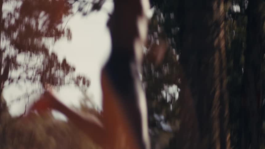 Shirtless man runs through the areas between groves of trees on a foggy day