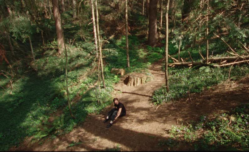 A young woman sits on a dirt trail in an evergreen forest on a summer day