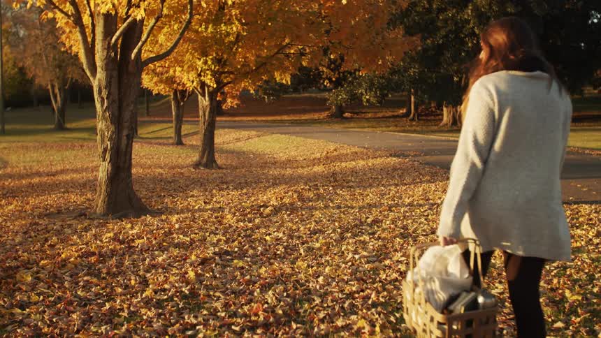 A woman is bringing a basket to a park during the autumn season
