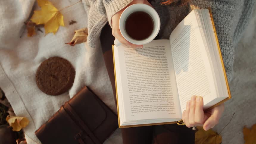 A person sits on a cloth during a midday picnic holding a coffee mug in one hand and a book in the other while reading