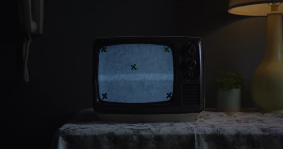 A small tv set on a dresser next to a potted plant and a lit lamp