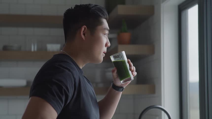 A man takes lifts his green drink and takes a large drink