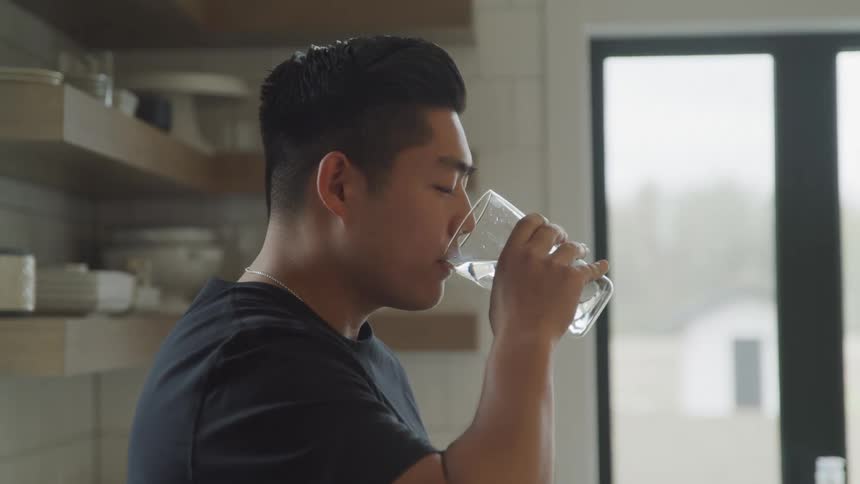 A young person drinking a glass of water in a kitchen