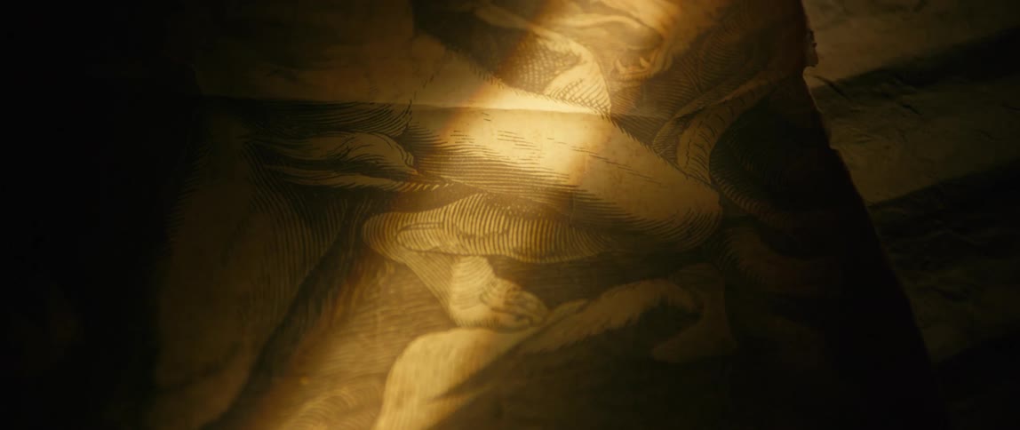 A moving light source slowly reveals details of an intricate aged etching depicting monstrous figures
