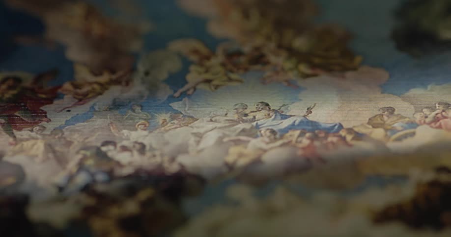 The painting depicts people in the clouds