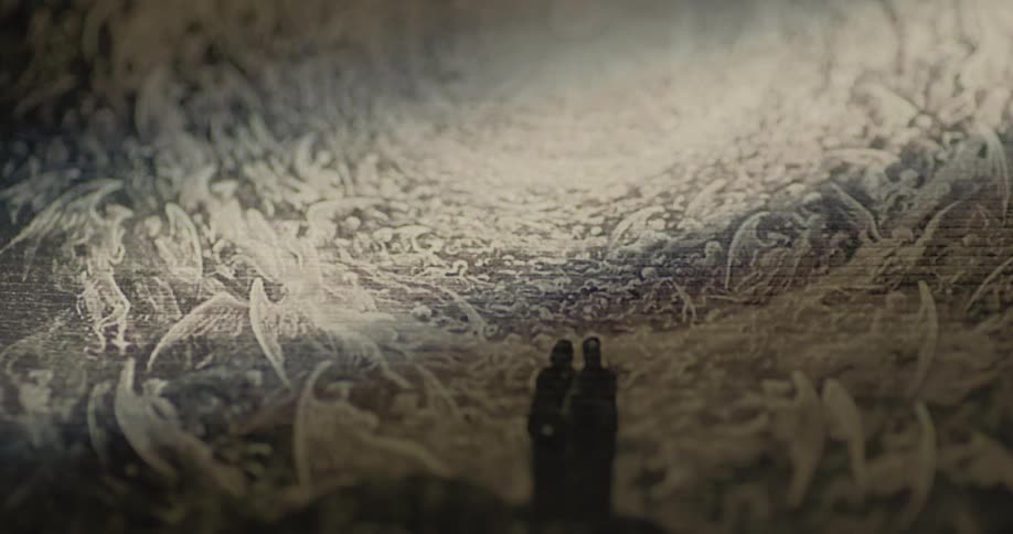 Illustration of two figures atop a hill enveloped by angels in an intricate scene