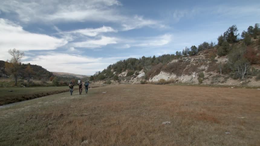 People are hiking along the grass ahead