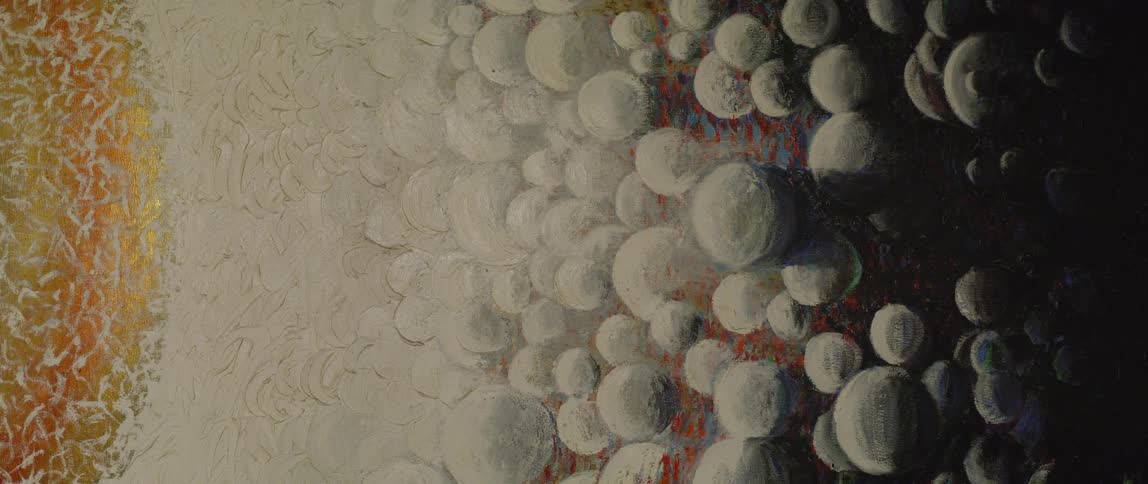 The painting contains white orbs