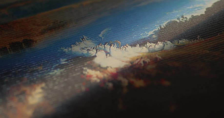 Closeup of an artwork featuring penguins in a snowy environment