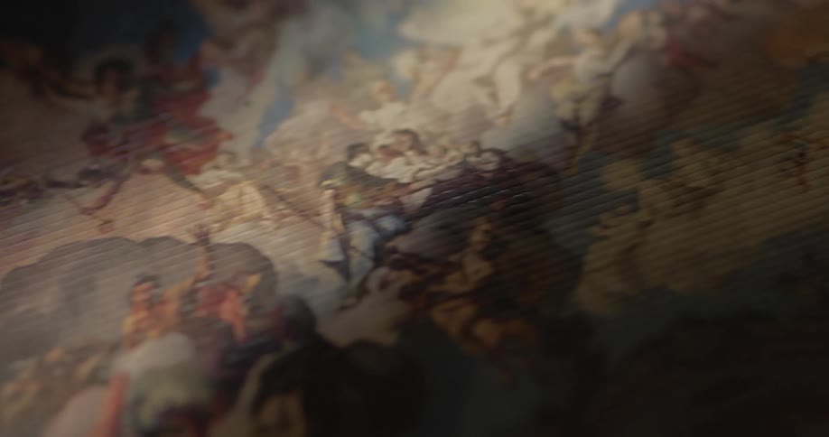 An ancient painting of angels and men among clouds in the sky