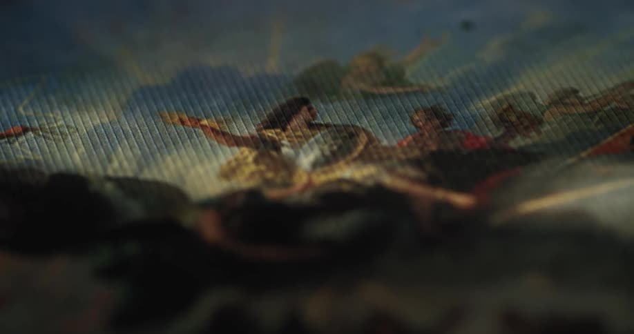 Painted colorful fabric depicting soldiers angels in the clouds
