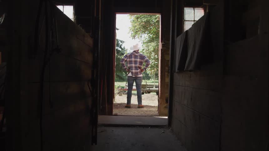 A cowboy stands in the doorway of a barn looking out