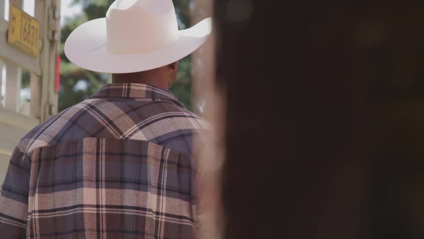 A man is standing by the trailer on the farm