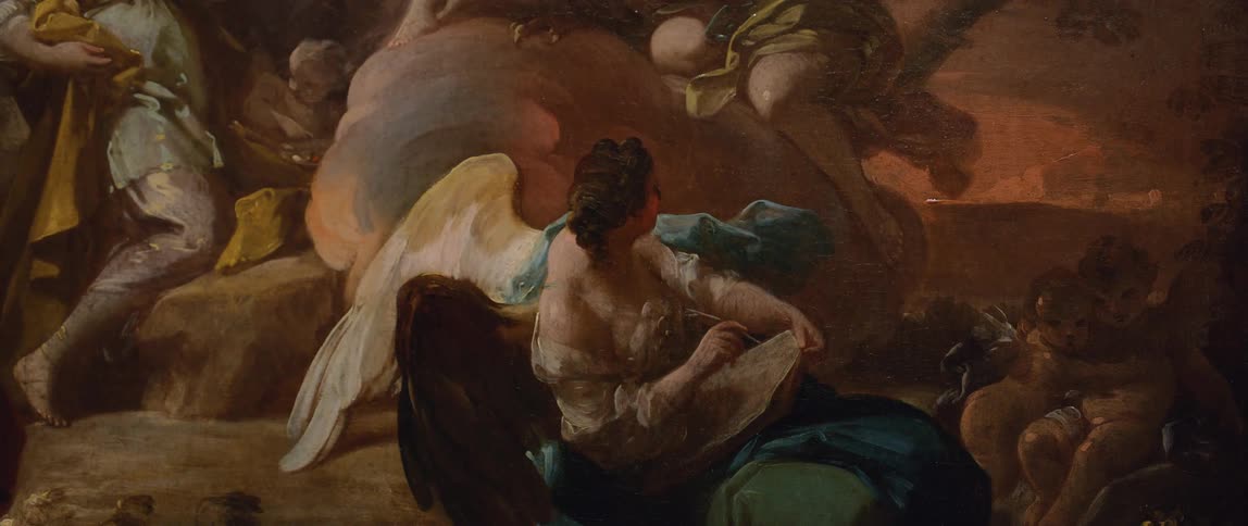 A painting has many people in it