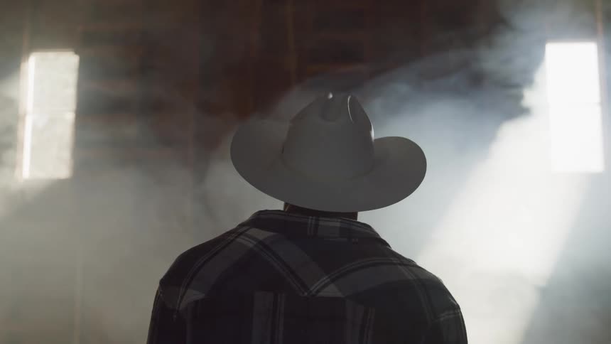 A person wearing a cowboy hat and a plaid shirt walks inside a dusty barn illuminated by beams of light entering through openings in the roof