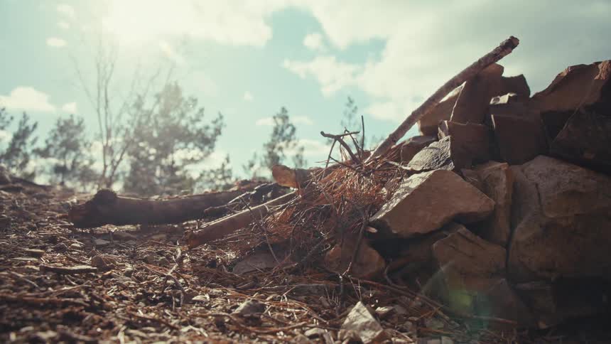 Child tossing down twigs and small branches on a pile of rocks in the wilderness