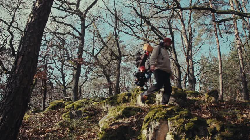 A family hiking on a forest trail walking over stones