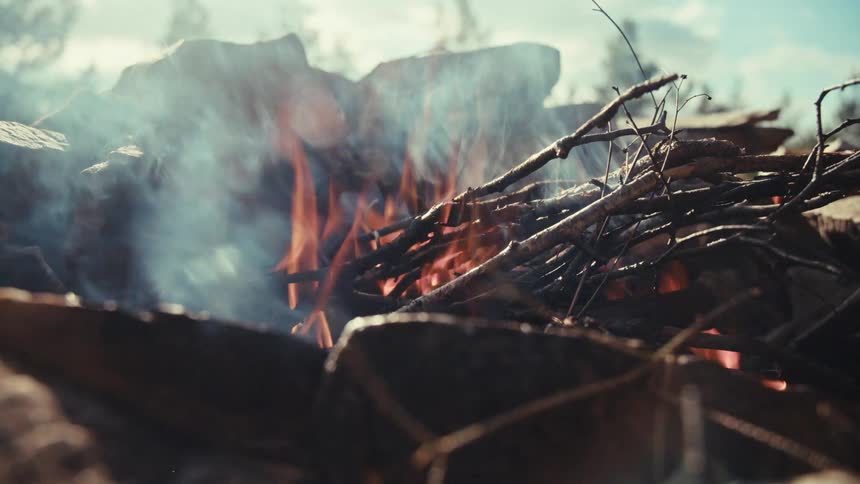 A campfire is burning