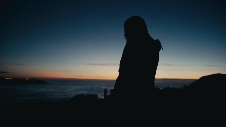 A woman is standing on the shore at sunrise
