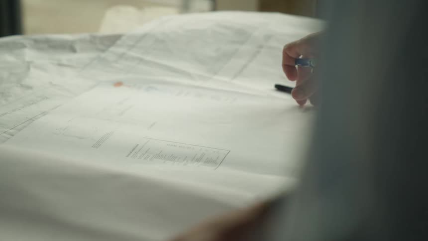 A document with large sheets containing construction blueprints
