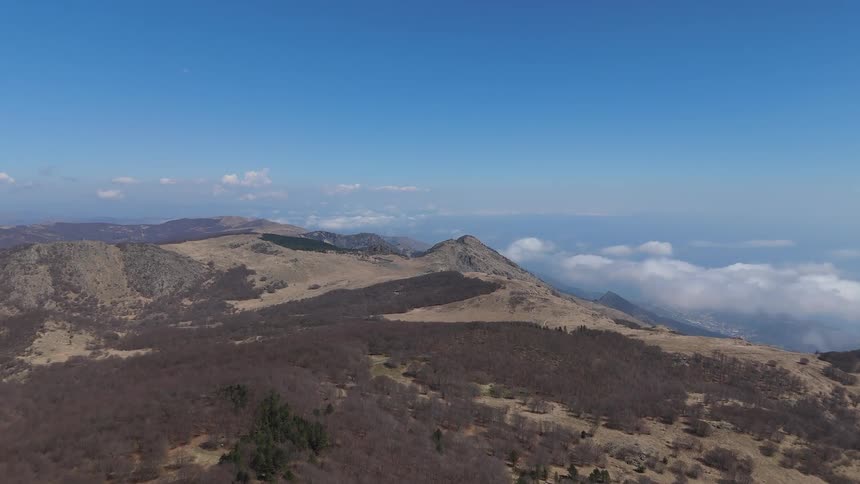 Flight over a forested mountain plateau on a sunny spring day