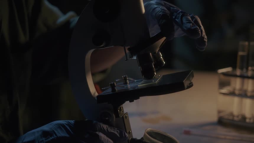 The scientist adjusts the lens on his microscope