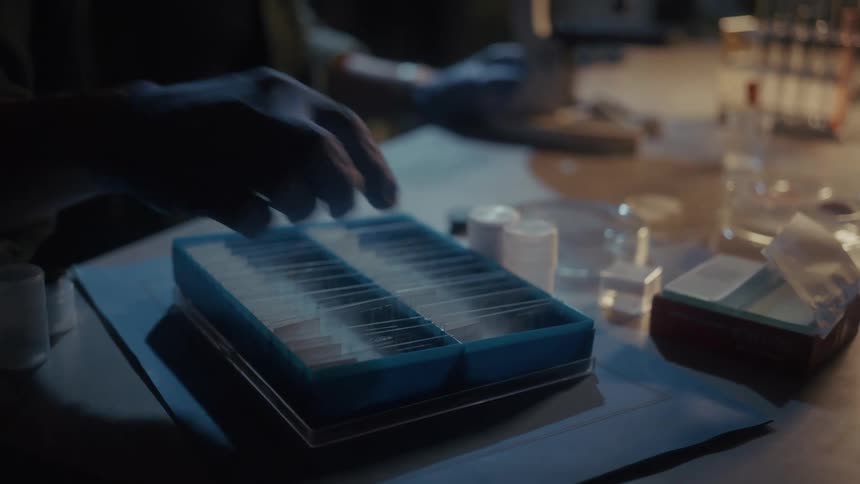 A gloved hand selects a microscope slide from a tray in a sterile lab setting suggesting focused scientific work