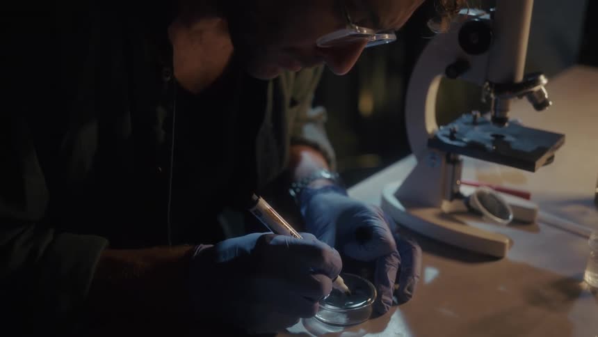 A man labels a dish with a marker in a laboratory