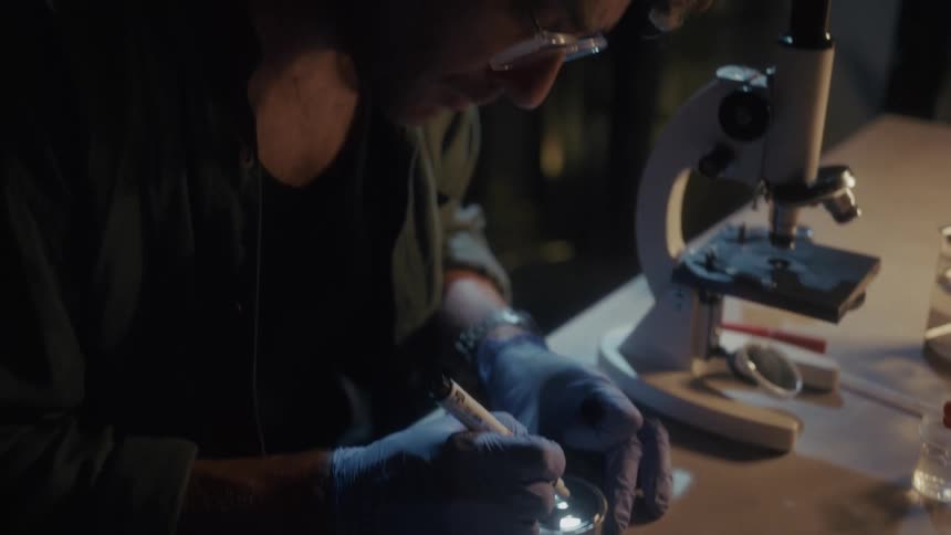 Pair of gloved hands handling equipment and microscopes in a laboratory
