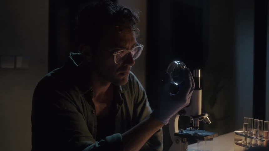 Man wearing glasses handling laboratory equipment in a lowlight environment