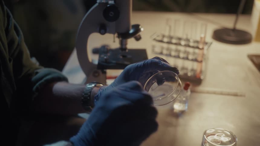 A scientist is using a petri dish in the lab