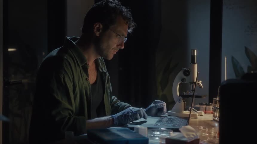 The scientist is using a laptop near a microscope