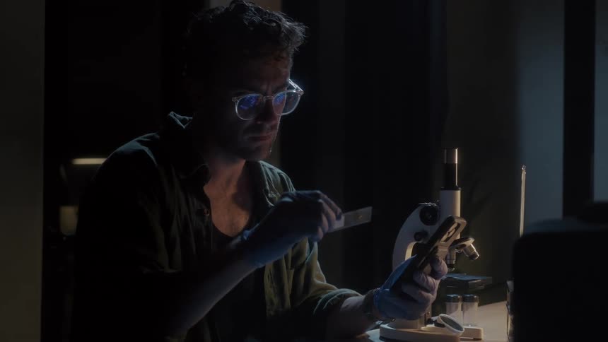 Man inspects a glass slide and scrolls through his phone in a lab