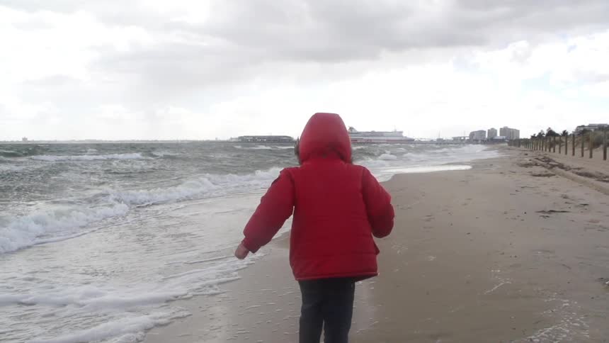 A person in a coat at the beach