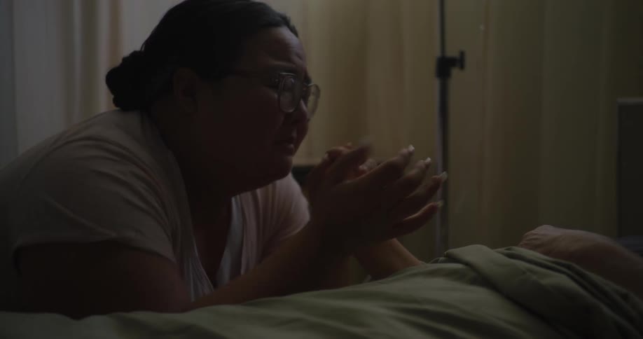 A woman sits beside a bedridden elderly person holding their hand in a quiet emotional hospital room