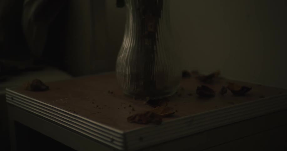 Dead crusted leaves are scattered around a vase place on a cabinet top