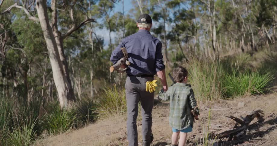 A footage of a man and a young boy walking in the woods