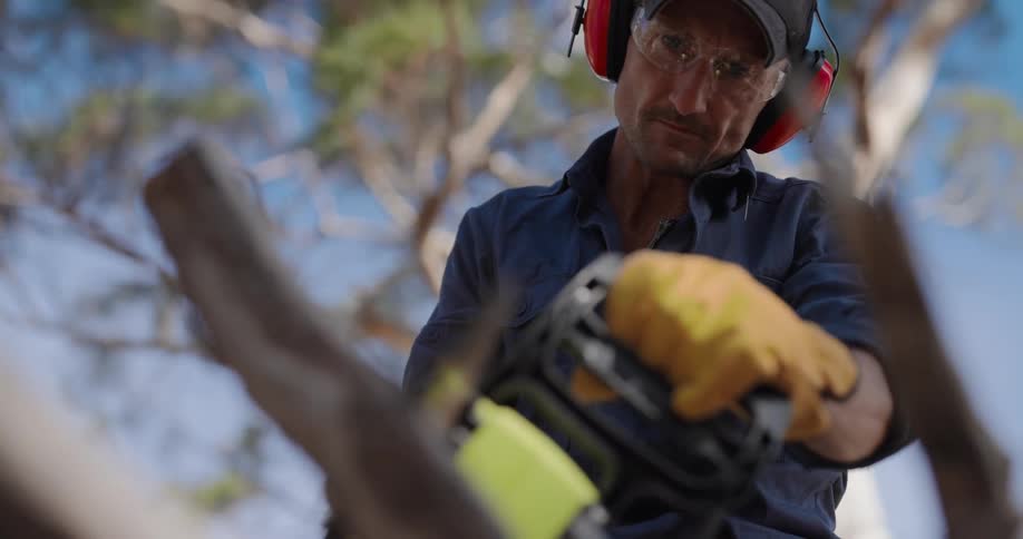 A man is cutting branches with his chansaw