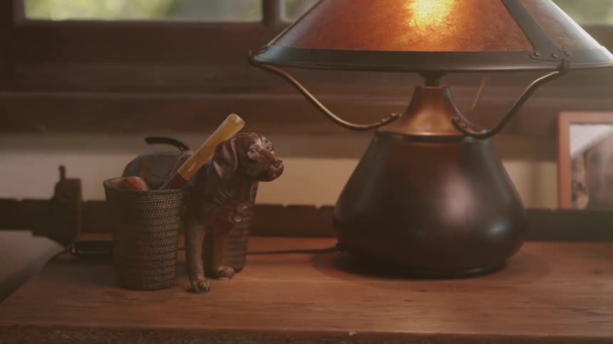 A lamp shines next to a dog statue