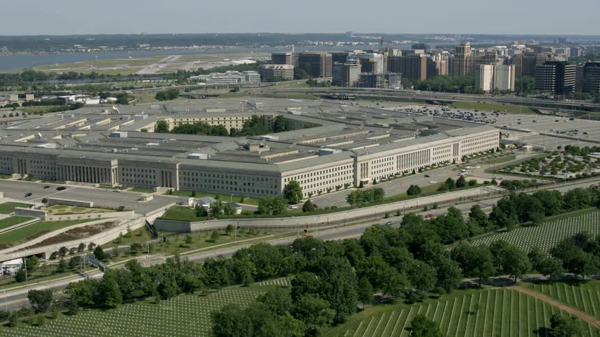 The pentagon building sits right off the side of the road