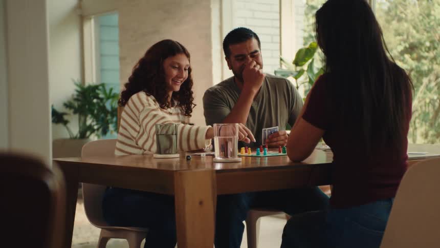 A family sits at a table and plays a game