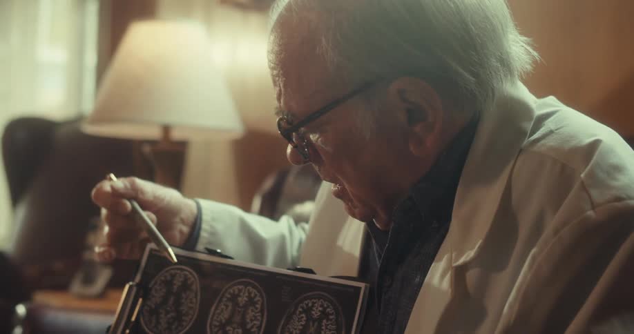 A doctor is pointing at ct images with his pen and discussing them